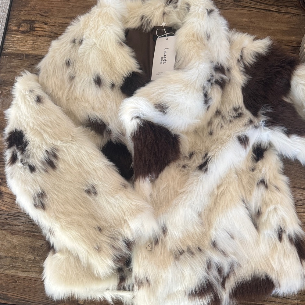 Cream and Brown Spotted Faux Fur Jacket